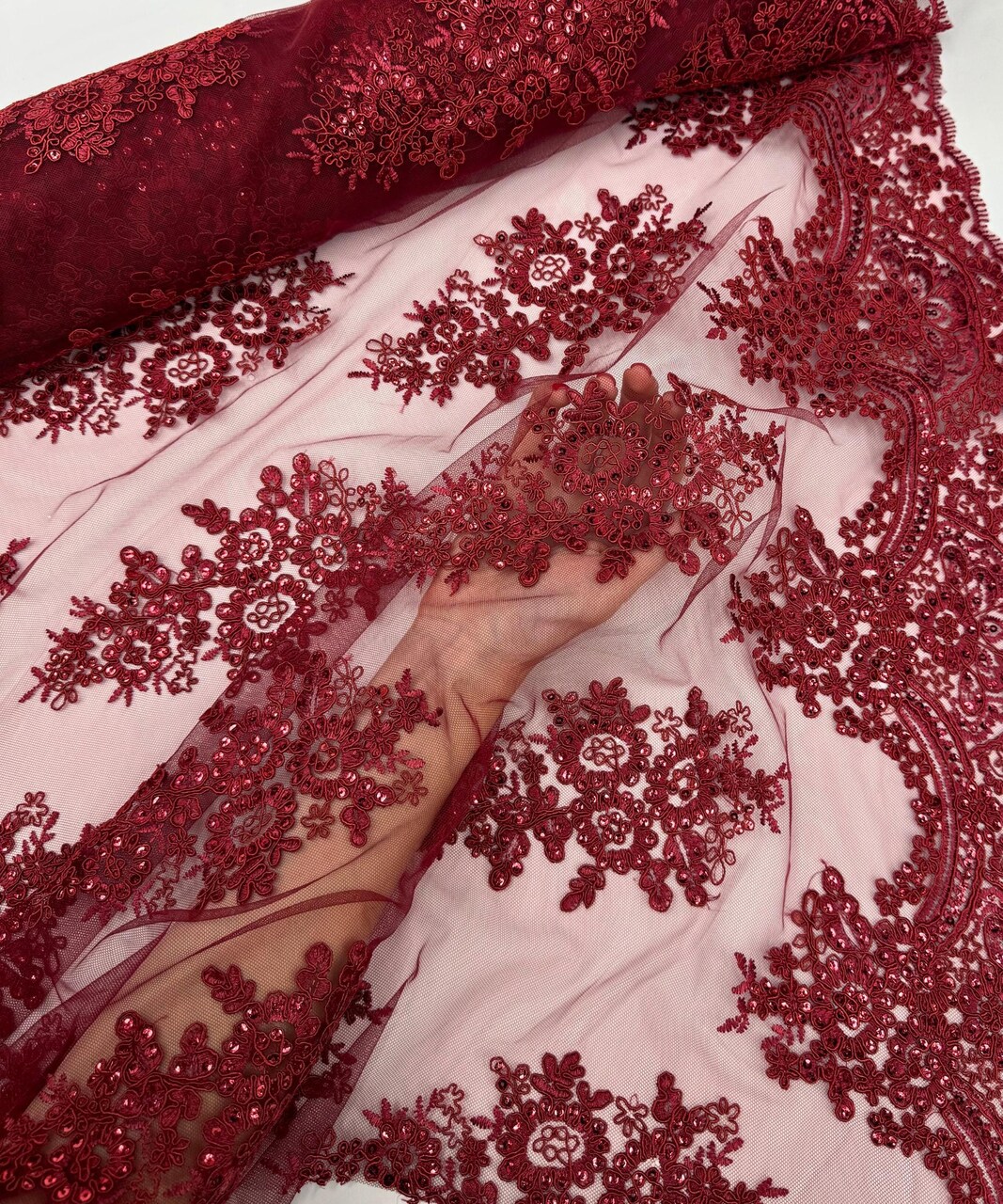 Burgundy Sequin Embroidered Lace Fabric by the Yard, 54" Wide Floral Mesh Lace with Double Scalloped Edges